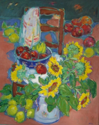 &quot;Frutas y girasoles&quot;, óleo s / t, 100 x 81 cm.